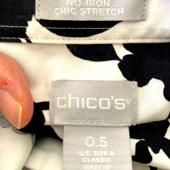 Chicos Dramatic No Iron chic stretch black roses white background shirt oversize - Picture 7 of 8